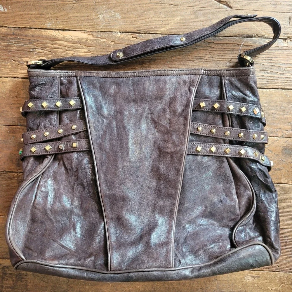 Treesje Dark Brown Leather Studded Multi Buckle Hobo Shoulder Bag Gold Hardware